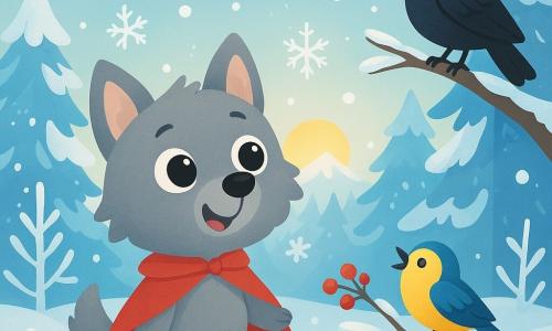 Um pequeno lobo de pelos cinzentos e macios, com grandes olhos curiosos e um sorriso alegre, usa uma pequena capa vermelha. Ele está no meio de uma floresta nevada, admirando os flocos de neve que caem ao seu redor. Ao seu lado, um pequeno pássaro com penas amarelas e azuis, de ar brincalhão, bica frutas em um galho, cantando alegremente. Mais adiante, uma majestosa corvo preto, empoleirada em uma árvore, observa a cena com um olhar sábio e amigável. A floresta está coberta por uma espessa camada de neve cintilante, com árvores com galhos carregados de geada, criando uma atmosfera mágica e pacífica. O pequeno lobo e o pássaro compartilham um momento de alegria, admirando juntos a beleza do inverno, enquanto o sol se esconde atrás das montanhas, projetando uma suave luz dourada sobre a paisagem.