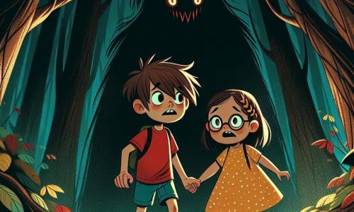 Luan, um menino de cabelos castanhos bagunçados e olhos curiosos, está à beira de uma floresta sombria, com uma expressão de determinação e um pouco de medo. Ele usa uma camiseta vermelha e um short azul, avançando corajosamente, segurando a mão de sua melhor amiga. Ana, uma menina de cabelos longos e loiros com uma trança de lado, exibe uma expressão de encorajamento. Ela veste um vestido amarelo com bolinhas e está ao lado de Luan, pronta para acompanhá-lo nessa aventura assustadora. O lugar é uma floresta densa, com árvores retorcidas criando sombras inquietantes no chão coberto de folhas secas. Sons estranhos ressoam no ar, adicionando mistério e suspense. A situação principal mostra Luan e Ana diante de uma enorme sombra ameaçadora que bloqueia seu caminho, uma criatura com olhos vermelhos brilhantes e um sorriso aterrorizante, enquanto se seguram as mãos, prontos para enfrentar o medo juntos.