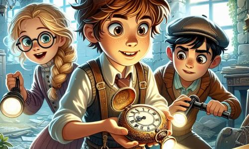 Um garoto de 10 anos, Tiago, com cabelos castanhos bagunçados e olhos brilhantes de curiosidade, segura um antigo e brilhante relógio de bolso nas mãos, exibindo uma expressão de maravilha e excitação. Ao seu lado, Clara, uma menina de 9 anos com cabelos loiros trançados e usando óculos, olha para o garoto com um sorriso entusiasmado, segurando uma lanterna que ilumina sua descoberta. Miguel, um garoto de 10 anos com cabelos negros e um boné virado para trás, está inclinado sobre um antigo jornal, com uma expressão concentrada e intrigada. Eles estão em uma velha casa abandonada, com paredes de pedra cobertas de hera, móveis empoeirados e teias de aranha penduradas nos cantos. A luz do sol filtra pelas janelas quebradas, criando uma atmosfera misteriosa e mágica. A cena principal mostra Tiago descobrindo o tesouro escondido, cercado por seus amigos, todos cativados pela aventura que os espera.