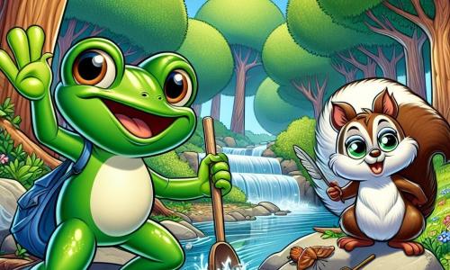 Um pequeno sapo verde chamado Zico, com grandes olhos redondos e um sorriso alegre, está em cima de uma pedra à beira de um riacho cintilante, recolhendo lixo com entusiasmo. Ao seu lado, um esquilo marrom chamado Tico, com uma cauda fofa e olhos brilhantes, o encoraja levantando uma pata, mostrando uma expressão determinada. Mais adiante, uma coruja sábia, com penas brancas e marrons, observa a cena com um olhar benevolente, pronta para dar conselhos. Ao fundo, uma floresta exuberante, com árvores majestosas de folhas verdes brilhantes, flores coloridas espalhadas pelo chão e um céu azul claro salpicado de nuvens brancas e fofas. Nesta cena, Zico e seus amigos se unem para limpar a floresta, simbolizando a importância da proteção da natureza.