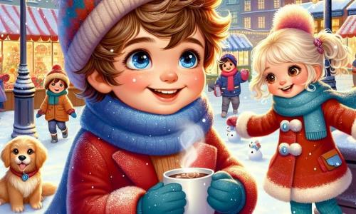 A 7-year-old boy named Oliver, with messy brown hair and sparkling joyful eyes, stands at the center of the scene, a big smile lighting up his face. He wears a bright red coat, a blue scarf, and a knitted hat, while holding a steaming cup of hot chocolate in his hands. Next to him is his little sister Lily, a 5-year-old girl with blonde curls and rosy cheeks, playfully making snowballs with mischievous eyes. Their golden retriever, Goldie, is slightly behind, wagging its tail and curiously watching the children play. 

The scene takes place in the charming Pineville square, where snowflakes gently fall from the sky, covering the ground with a thick layer of sparkling snow. Street lamps decorated with twinkling lights illuminate the area, while colorful Winterfest stalls filled with treats and festive decorations are visible in the background. 

The main situation depicts Oliver and Lily enjoying the magical moment of winter, laughing and playing together in the snow, surrounded by the joyful atmosphere of the winter festival.