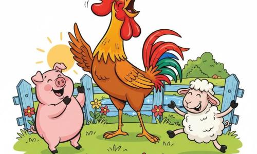 A colorful rooster with bright red, orange, and yellow plumage and a shiny red comb stands center, joyful and triumphant, singing with head raised and wings slightly spread; to his left Benny, a round pink pig with rosy cheeks, laughs with one hoof raised as if clapping; to his right Sally, a fluffy white sheep with soft curls and a mischievous smile, skips on her hooves; sunny farmyard with green grass, colorful wildflowers, a blue wooden fence and a shimmering pond; clear textures, soft outlines, exaggerated expressions, bright contrasting colors, and simple shapes suited for toddlers.