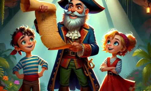 O personagem principal, o Capitão Pedro, é um homem idoso com uma longa barba grisalha e olhos brilhantes de malícia. Ele usa um chapéu de pirata decorado com penas coloridas e uma camisa listrada, sorrindo entusiasticamente enquanto segura um velho pergaminho. Ao seu lado, Lila, uma menina de 10 anos com cabelos cacheados e dourados, veste um vestido de pirata de tecido escarlate e observa o pergaminho com curiosidade, os olhos brilhando de excitação. Tomás, um garoto de 12 anos com cabelos castanhos desgrenhados e um bandana vermelho, fica um pouco atrás, com os braços cruzados, exibindo uma expressão determinada enquanto observa a caverna misteriosa à sua frente. A cena se passa em uma ilha tropical, com palmeiras verdes e flores coloridas ao redor de uma caverna escura, cuja entrada é adornada por rochas cobertas de musgo. A luz do sol filtra através das folhas, criando sombras dançantes no chão arenoso. O momento principal mostra o Capitão Pedro, Lila e Tomás diante da entrada da caverna, prontos para entrar e descobrir o tesouro escondido, com uma atmosfera de aventura e excitação palpável no ar.