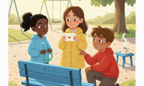 Three children: Maya, 9, mid-brown hair, lemon-yellow coat, holding a small white envelope at the center, slightly leaning left; Leo, 9, short tousled hair, bright red hoodie, mischievous smile, crouched to Maya’s right pointing at the envelope; Hana, 8, black ponytail, sky-blue jacket, focused expression, standing to Maya’s left holding a small green plastic hoop; setting: sunny schoolyard corner with a bright blue wooden bench carved with initials, light gravel and patchy grass, swings and dappled tree shade in the background, a small supervisor’s table with a steaming cup of tea; scene: they have just found the envelope near the bench and calmly decide to give it to an adult, warm morning light, pastel gouache tones, visible paper and wood textures, expressions of curiosity and responsibility.