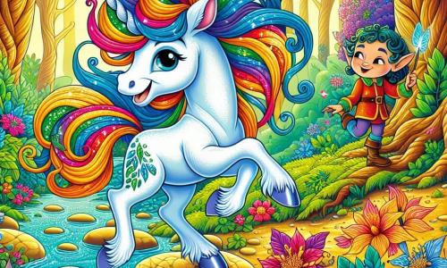 A beautiful unicorn named Sparklehoof, with a shimmering rainbow-colored mane, expresses radiant joy. Her big, sparkling eyes shine in the sunlight as she gracefully dances on smooth stones by a singing stream. Next to her is a small elf named Elinor, around 8 years old, with curly hair and pointed ears, smiling in wonder. She holds a magic brush, ready to paint images that come to life. The setting is an enchanted forest, where twisted trees with shimmering leaves whisper secrets. Colorful flowers with laughter-shaped petals surround the stream, creating a joyful and magical atmosphere. The scene shows Sparklehoof and Elinor, surrounded by laughter and melodies, discovering a treasure of enchanted brushes by the stream, ready to create living artworks.