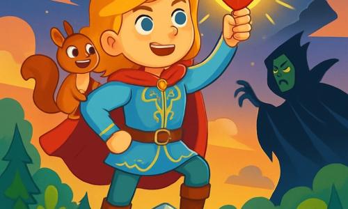 A brave prince, around 10 years old, with long, shiny golden hair and sparkling blue eyes, stands atop a shimmering mountain. He wears a sky-blue royal tunic adorned with golden patterns, and his face shows bright determination. Beside him, a small squirrel named Tilly, with brown fur and mischievous eyes, perches on his shoulder, excitedly looking at the landscape below. The setting is a sparkling mountain peak surrounded by soft, luminous clouds, with twinkling stars beginning to appear in the twilight sky. Below, the Whispering Forest stretches out, its majestic trees with vibrant green leaves and colorful flowers, while a gentle breeze makes the branches dance. The main scene shows the prince raising a radiant heart of stone, illuminating the scene with a golden light, ready to confront the evil witch Morgath lurking in the shadows, with a flowing black cloak and a menacing gaze.