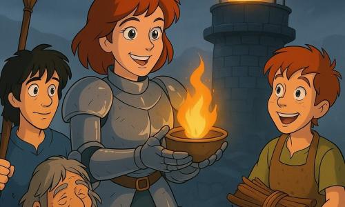The female knight stands center, determined and smiling, bright eyes, polished armor with a few scratches, one hand holding a small leather flint and the other sheltering a nascent flame in a metal bowl. Sedge, a grinning ~13-year-old redheaded boy with freckles and a dirty apron, stands right holding a bundle of wood, excitedly watching the flame. Finn, about 12, with dark tangled hair and a shy but proud expression, stands left holding a broom handle like a flag and leans on an elderly man for support. Master Rowan, ~60, sits just behind the knight with a scruffy gray beard, worn torn clothes, a relieved look, hand on Finn’s knee. They are atop a gray stone lighthouse: a wide blackened metal basin holds a vivid orange flame, spiral stairs, sea wind and spray, thick fog and rocky cliffs below. Main scene: the knight rekindles the lighthouse beacon on a foggy evening, the small flame swells into a golden halo cutting the mist; the group surrounds it with expressions of hope and relief, a warm atmosphere despite the storm.