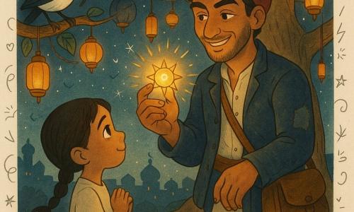 Amir, a gentle-faced man with mischievous eyes, smiles determinedly as he wears a patched midnight-blue velvet jacket, cream trousers and an oil-stained leather satchel while gently retrieving a small sun-shaped talisman glowing gold from the beak of a black-and-white magpie perched on a low fig tree branch; nearby Lila, about seven with braided black hair and a jasmine-colored dress, watches with admiration and relief as hundreds of warm orange and amber lamps hang among the fig's thick roots and polished stones under a starry sky with distant eastern roofs, the composition centered on Amir's hand and the tender, brave moment.