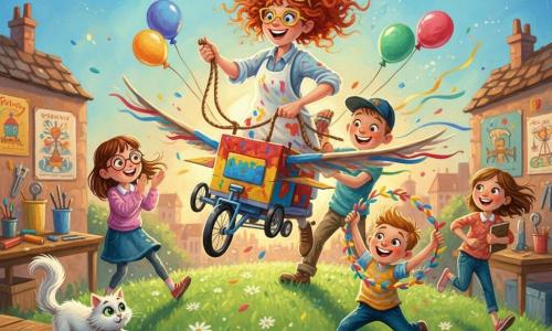 Miss Amelia Twinkle, an inventive, smiling, energetic woman with curly bushy red hair and yellow glasses on her head, wears a paint-stained smock and holds a rope guiding the Twinkle Flyer; Lucy, about 10, brown hair and glasses, watches amazed and applauds to Amelia’s left; Max, about 11, wearing a backward cap and a wide grin, pushes the machine from behind; Sarah, about 9, with a sketchbook under her arm, runs to the right to follow its path; Tommy, about 6, small and bouncy, holds a ribbon garland and jumps in front; Tinker, a fluffy white cat with green eyes, leaps over a cushion observing the scene; location: a workshop on the town edge turned into a garden with wooden tables of colorful tools, invention posters on the wall, and a small grassy hill dotted with daisies under a bright blue sky; scene: the Twinkle Flyer, painted cardboard with bicycle wheels and wings decorated with streamers and balloons, glides down the hill scattering paint sparks and lifting flower petals in a joyful, moving scene lit by warm sunset light; style: acrylic painting with visible brushstrokes, saturated colors, thick textures, and a dynamic, child-friendly composition.