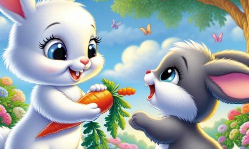 Un adorabile coniglietto bianco, con un pelo morbido e occhi scintillanti di curiosità, si trova al centro dell'immagine, sorridendo con entusiasmo. Sta porgendo una carota colorata a un altro personaggio, mostrando la sua gioia e amicizia. Accanto a lui, un altro coniglio, questa volta di colore grigio con lunghe orecchie e un grande sorriso, guarda il coniglio bianco con ammirazione, i suoi occhi brillanti di felicità. Sta saltando di gioia, piena di energia ed eccitazione. Il contesto è un bel giardino soleggiato, pieno di fiori vivaci di tutti i colori, con un grande albero di quercia sullo sfondo. Il cielo è blu e sereno, e si possono vedere farfalle volare intorno ai fiori. La scena principale mostra i due conigli che condividono un momento di gioia e amicizia, illustrando la tolleranza e l'accettazione delle differenze mentre scoprono insieme nuovi sapori e tradizioni in un ambiente incantevole.