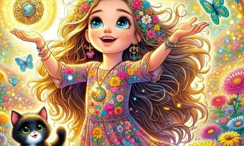 Anara, una niña de 10 años con cabello largo y ondulado, lleva un vestido colorido decorado con motivos florales. Su rostro irradia determinación y alegría mientras levanta los brazos, un amuleto brillante en sus manos, iluminando su cara con una suave luz dorada. A su lado está Nube, un pequeño gato negro con ojos brillantes, que mira a Anara con admiración, listo para acompañarla en sus aventuras. El escenario es un jardín mágico, lleno de flores vibrantes, criaturas fantásticas y árboles majestuosos con hojas brillantes. Mariposas multicolores vuelan a su alrededor, añadiendo un toque de fantasía al entorno. La escena representa a Anara usando su poder para hacer florecer el jardín, una luz dorada emana de sus manos, mientras las flores bailan alegremente a su alrededor, simbolizando la magia y el amor que la rodean.