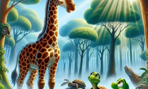 O girafă majestuoasă numită Gala, cu un gât lung și pete maronii și crem, stă în centrul scenei, având o expresie de curiozitate și uimire. Ochii ei mari și strălucitori scrutează o pădure misterioasă învăluită într-o ceață ușoară. Lângă ea, o broască țestoasă mică numită Timo, cu un carapace verde și ochi vii, o privește pe Gala cu o expresie de îngrijorare, în timp ce un crocodil prietenos numit Kiki, cu solzi verzi și un zâmbet cald, iese dintr-un lac apropiat, pregătit să li se alăture. În fundal, o pădure densă, plină de copaci înalți cu frunziș luxuriant, se înalță sub un cer albastru strălucitor, în timp ce o ceață ușoară plutește între trunchiuri. Scena ilustrează momentul în care Gala și prietenii ei descoperă ceața misterioasă care învăluie pădurea, simbolizând începutul aventurii lor pentru restabilirea echilibrului naturii.