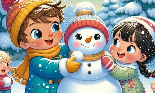 Un niño de 3 años, Lucas, con cabello castaño desordenado y ojos llenos de curiosidad, lleva un abrigo azul brillante, guantes amarillos y un gorro rojo. Sonríe alegremente mientras rueda una bola de nieve para construir un muñeco de nieve. A su lado, Sofía, una niña de 4 años con trenzas rubias y una sonrisa radiante, lo ayuda añadiendo piedras para los ojos del muñeco. Mateo, un niño de 4 años con cabello negro y un suéter verde, recoge nieve para hacer el cuerpo del muñeco, riendo con sus amigos. La escena tiene lugar en un encantador jardín nevado, donde grandes árboles están cubiertos de nieve brillante bajo un cielo azul claro. Copos de nieve caen suavemente, añadiendo un toque mágico a la atmósfera. Lucas, Sofía y Mateo crean juntos un muñeco de nieve, riendo y divirtiéndose, mientras la suave nieve los rodea, llenando el aire de alegría y amistad.