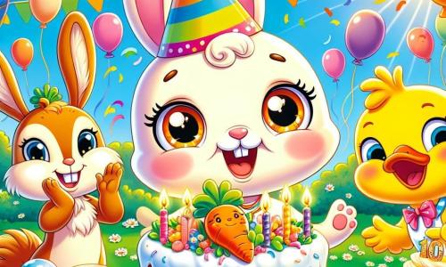 Un pequeño conejo llamado Benny, con un pelaje suave y sedoso de color crema, se encuentra en el centro de la imagen, con los ojos brillantes de alegría y una gran sonrisa en su rostro. Lleva un pequeño sombrero de fiesta colorido y sostiene un enorme trozo de pastel en forma de zanahoria, decorado con crema y confeti. A su derecha, Clara, una pequeña ardilla de pelo rojizo y ojos chispeantes, salta de alegría, con los brazos levantados, llena de emoción por la fiesta. A su izquierda, Pedro, un pato amarillo brillante con un pico naranja, aplaude con entusiasmo, con una gran sonrisa en su rostro. El decorado es un parque soleado, lleno de globos de colores flotando en el aire, guirnaldas de flores y una gran mesa decorada con pasteles y golosinas. La escena muestra a Benny rodeado de sus amigos, celebrando su cumpleaños con risas y juegos, todos unidos en un momento de felicidad y amistad.