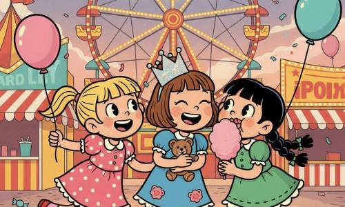 Three 5-year-old girls at a colorful fairground at dusk: a blonde with pigtails in a pink polka-dot dress and red patent shoes holding a pink balloon and running left in the foreground left; a short-haired brown-haired girl wearing a glittery cardboard crown and a blue dress embroidered with a teddy, holding a small plush at center looking right; a black-haired girl with braided hair in a green ruffled skirt eating a large pink cotton candy with both hands in the foreground right, slightly leaning toward the others; they stand before a large illuminated Ferris wheel, laughing and kissing each other on the cheeks with exaggerated joyful movements, confetti and sweets around them, bright saturated colors, thick black outlines, red-yellow-turquoise rides, blinking round bulb garlands, striped vendor stalls, floating balloons and fluttering pennants on pastel cobbled ground.