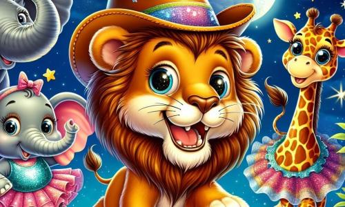 Un leu curios pe nume Leo, cu o coamă aurie strălucitoare și ochi plini de entuziasm, stă în centrul imaginii, purtând o pălărie amuzantă de cowboy. Zâmbește larg, cu labele din față ridicate ca și cum ar fi gata să pornească într-o cursă. La dreapta lui, Ella, o elefantă grațioasă, poartă un tutu roz strălucitor și se pregătește să alerge, cu urechile ei mari bătând vesel. La stânga, Gina, o girafă cu gât lung, poartă o eșarfă colorată și îl privește pe Leo cu un zâmbet complice. Mai departe, Mak, o maimuță jucăușă, stă pe o ramură cu ochelari colorați, râzând și încurajându-și prietenii să se aventureze. Scena are loc într-un zoo magic, sub un cer înstelat, cu luna strălucind ca un felinar argintiu. Leo și prietenii săi se pregătesc pentru o cursă distractivă în jurul zoo-ului, fiecare purtând un accesoriu amuzant, râzând și încurajându-se reciproc, creând o atmosferă de bucurie și prietenie.