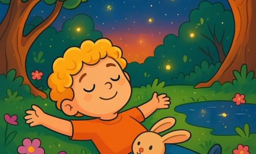 Een vierjarig jongetje genaamd Felix, met gouden krullend haar en ogen die stralen als sterren, ligt op een groene schuimmatras in een betoverd bos. Hij heeft een serene en dromerige glimlach op zijn gezicht, met zijn armen wijd open alsof hij de lucht verwelkomt. Naast hem ligt zijn trouwe metgezel, een klein pluchen konijntje genaamd Pluis, tegen zijn buik aan, met zachte oren en een liefdevolle blik. De scène speelt zich af in een magisch bos, waar grote bomen met knoestige stammen naar de lucht reiken, hun bladeren glinsteren in de stralen van de ondergang. Kleurrijke bloemen in roze en paars bedekken de grond, en een kleine vijver met kristalhelder water weerspiegelt de sterren die beginnen te verschijnen aan de hemel. Felix droomt vredig met gesloten ogen, terwijl vuurvliegjes om hem heen dansen, de scène verlichtend met een zachte en warme gloed. Het is een moment van rust en geluk, waar Felix' verbeelding wegvliegt naar eindeloze avonturen.