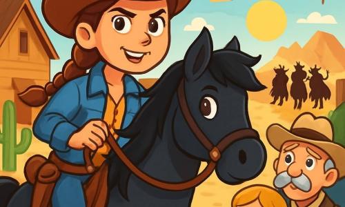 Een dappere cowgirl, Jessie, staat centraal in de afbeelding. Ze heeft bruin haar in een vlecht, draagt een leren cowboyhoed en een denimjack. Haar gezicht straalt vastberadenheid en moed uit, met heldere ogen en een zelfverzekerde glimlach. Ze zit op haar zwarte paard, Bliksem, dat een zijdezachte manen heeft en levendige ogen.

Naast haar staat een groep bezorgde dorpsbewoners op afstand. Onder hen kijkt een oudere man, de sheriff, met een grijze snor en een glanzende badge op zijn borst, bewonderend naar Jessie. Een jong meisje van ongeveer 10 jaar met blond haar en sprankelende ogen houdt een houten pop vast en lijkt angstig, terwijl ze Jessie hoopvol aankijkt.

De achtergrond toont een klein dorp in het Amerikaanse Westen, met houten huizen, cactussen en bergen op de achtergrond onder een stralende blauwe lucht. Stof wordt opgeworpen onder de hoeven van Bliksem, terwijl de zon fel schijnt.

De belangrijkste situatie toont Jessie vastberaden om haar dorp te beschermen tegen de Zwarte Slangen, de bende van dieven, die te paard nadert, wat een sfeer van spanning en avontuur creëert.