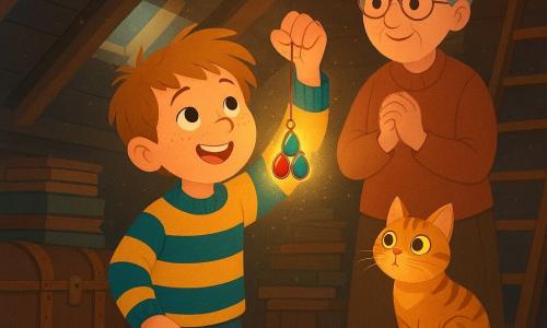 An 8-year-old boy with a round, freckled face and messy light-brown hair hangs a pendant of three blue, red, and green stones on a small wooden hook; behind him on the attic mezzanine his ~65-year-old grandmother with gray hair in a bun and oval glasses smiles softly, hands clasped, watching the pendant's warm light; a tabby cat (Whiskers) sits on a wooden crate beside the boy, eyes bright following the light. The cluttered attic—leather trunks, stacked worn books, a wooden ladder, exposed beams and dust motes in sunbeams—centers on the glowing pendant casting warm light on the boy's face and revealing patterns on a parchment at his feet, creating a magical, reassuring atmosphere with warm contrasting colors and simple textures.