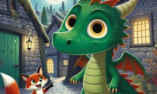 Un piccolo drago dalle squame verdi brillanti e dagli occhi dorati, con un'espressione di curiosità mista ad apprensione, si trova davanti a una vecchia casa con le finestre rotte, le sue ali leggermente ripiegate. Accanto a lui, una giovane volpe dal pelo rosso vivo, con uno sguardo malizioso ed entusiasta, indica la porta della casa, pronta a esplorarla. La scena si svolge in un villaggio misterioso, dove le case sono coperte di muschio e circondate da alberi dalle forme strane, sotto un cielo stellato e una luna brillante che illumina il paesaggio con una luce argentata. Il drago e la volpe si preparano a entrare nella Casa delle Ombre, un luogo pieno di misteri, dove ombre danzano sulle pareti e strani rumori risuonano, mentre cercano di scoprire i segreti nascosti dietro la leggenda dei fantasmi.