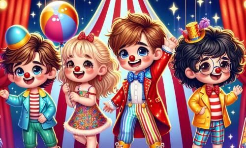 In un circo colorato, quattro bambini si trovano al centro del palco. Marco, un ragazzo di sette anni con capelli castani e un grande sorriso, indossa un mantello rosso brillante e un naso da clown. A destra c'è Lucia, una ragazza con lunghi capelli biondi, che indossa una parrucca blu e un vestito a pois colorati, ridendo mentre tiene un grosso pallone. Enzo, un ragazzo con occhiali rotondi, è a sinistra di Marco, con scarpe da clown troppo grandi che lo fanno inciampare, mentre Gianni, un ragazzo con capelli neri e ricci, scatta una foto con il suo telefono. Sullo sfondo, un adorabile elefante, Bombo, indossa un cappello da clown e si prepara a entrare in scena. La scena cattura i bambini che si divertono a preparare lo spettacolo, circondati da costumi brillanti e risate, creando un'atmosfera festosa e magica.