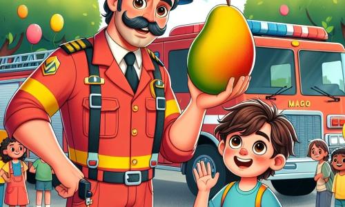O personagem principal é um homem, o Capitão Miguel, um bombeiro sorridente com um bigode bem aparado e um uniforme vermelho brilhante. Ele está em pé perto de um grande caminhão de bombeiros, segurando uma mangueira na mão, exibindo uma expressão de orgulho e alegria enquanto mostra às crianças como usá-la. Ao lado dele está João, um garoto de cerca de 8 anos, com cabelos castanhos bagunçados e olhos brilhantes de empolgação. Ele usa uma camiseta azul e um short, olhando para Miguel com admiração, pronto para tentar usar a mangueira. Ao fundo, vê-se um pátio escolar ensolarado, com árvores verdes e crianças reunidas em torno do caminhão de bombeiros. Balões coloridos flutuam no ar, adicionando um clima festivo à cena. A situação principal mostra Miguel explicando às crianças como usar a mangueira para apagar um incêndio imaginário, enquanto João, cheio de entusiasmo, se prepara para sua vez, criando uma atmosfera de aprendizado e camaradagem.