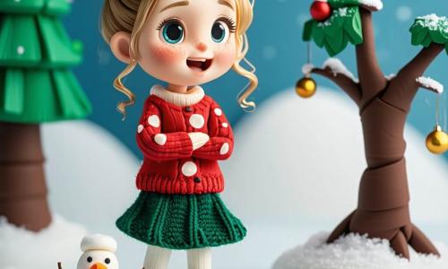 Una niña de 2 años emocionada y sonriente, con grandes ojos azules y cabello rubio rizado, vestida con un suéter rojo de lunares blancos y una falda de lana verde, abraza y ríe suavemente sosteniendo un muñequito de nieve de plastilina; detrás, su madre de unos 30 años, de cabello castaño recogido en moño y con un cárdigan crema, la mira con ternura y las manos juntas junto a un gran árbol de Navidad verde decorado con bolas rojas, estrellas doradas y guirnaldas luminosas; el muñeco de nieve, blanco y regordete, lleva un pequeño sombrero negro de fieltro, nariz de zanahoria y una sonrisa pintada, y la escena ocurre en un acogedor salón navideño de plastilina con alfombra roja, ventana nocturna con copos de nieve y un regalo brillante abierto en el suelo, luz cálida y ambiente tierno y alegre.
