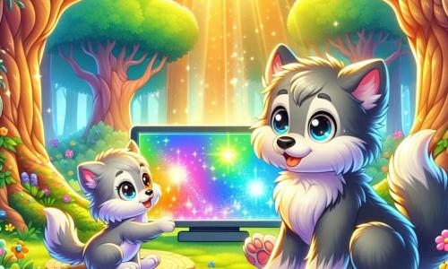 Leo, un piccolo lupo dai morbidi peli grigi e dagli occhi brillanti di curiosità, è seduto davanti a uno schermo luminoso che proietta colori vivaci. Sorride meravigliato, con le orecchie appuntite rizzate, mentre tocca lo schermo con la zampa. Accanto a lui, la piccola Lulù, sua sorella, è una deliziosa lupetta con un pelo più chiaro e occhi scintillanti di gioia. Salta di gioia, alzando le zampe in aria, impaziente di scoprire cosa vede Leo. Il loro ambiente è una foresta incantata, con alberi maestosi dai tronchi spessi, foglie verdi brillanti e fiori colorati che danzano al vento. Raggi di sole filtrano tra i rami, illuminando la scena con una dolce luce dorata. Leo e Lulù sono affascinati dal mondo digitale che appare sullo schermo, circondati da un'atmosfera magica, dove tecnologia e natura si incontrano gioiosamente.