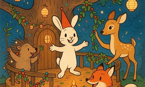 L'immagine mostra Lillo, un piccolo coniglio bianco dalle lunghe orecchie, con un piccolo cappello rosso, che apre le braccia su una piattaforma di una casetta sull'albero per accogliere gli amici: a sinistra Pippo il porcospino con spini decorati da campanellini che agita un ramo, a destra Mina la giovane daina maculata che attacca una ghirlanda di foglie al tronco, in alto Tito lo scoiattolo rosso che tiene foglie per il tetto e in primo piano Nora la volpe con un cesto di bacche; la casa è costruita attorno a una quercia massiccia, piattaforma circolare con ringhiera in legno, lanterne di carta, ghirlande di bacche e foglie, piccole finestre illuminate e un cielo notturno stellato: atmosfera calda e festosa per una festa di Capodanno, colori vivaci e linee nette.
