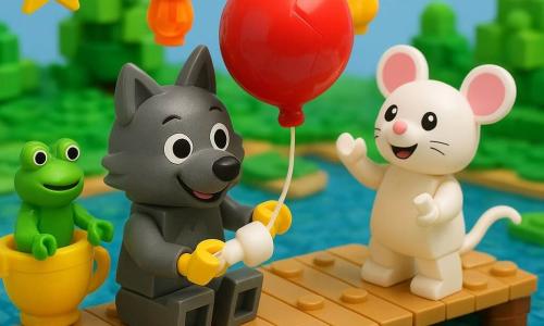 The main character is a small brick wolf with soft gray fur, round bright eyes and a mischievous smile, joyfully crouched and repairing a crumpled red shiny brick balloon with a handful of marshmallow foam; behind him a round white brick marshmallow mouse with pink ears bounces on the floating dock, laughing and pointing at the mended balloon, while a green brick frog with bulging eyes sits on a teacup lantern to the left, applauding; the dock is made of large lily-pad bricks connected by cup-shaped lanterns and hanging colorful stars above sparkling blue mosaic water, creating a warm, whimsical scene of rounded shapes, soft textures and vivid colors.