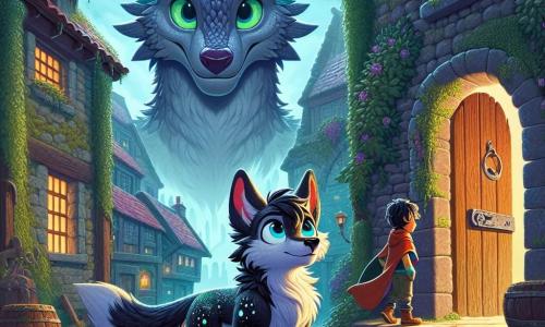Lupo, een jonge wolf met ogen die stralen als de maan en een vacht die fonkelt als sterren, staat moedig voor een oude houten deur, omringd door klimop, in een mysterieuze stad. Hij toont een voelbare vastberadenheid, klaar om de geheimen achter deze deur te ontdekken. Naast hem zweeft Eldrion, een wijze draak met glinsterende schubben in kostbare kleuren, in de lucht, zijn ogen vol wijsheid en bezorgdheid, terwijl hij Lupo met een ondersteunende uitdrukking observeert. De locatie is een smalle straat in de stad Vespera, waar oude gebouwen met met mos bedekte stenen onder een mistige lucht oprijzen, wat een zowel magische als intrigerende sfeer creëert. De hoofd situatie toont Lupo, met een hart dat bonkt van opwinding, klaar om de mysterieuze deur te openen die hem naar een fantastische avontuur zal leiden, terwijl Eldrion over hem waakt, klaar om hem aan te moedigen in deze zoektocht.