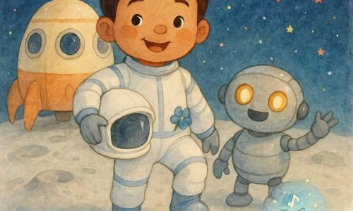 Marco è un bambin o di nome Marco dal volto sorridente e guance rosa che posa un piede su un suolo lunare morbido tenendo un casco bianco sotto il braccio; indossa una tuta spaziale bianca con righe blu, maniche arrotondate e stivaletti soffici, in atteggiamento gioioso e sicuro. Accanto a destra c'è un piccolo robot rotondo dalle dimensioni infantili con scocca argentata e occhi-lampada color ambra che saluta con un braccio; vicino a una roccia bassa cresce un fiore blu dai petali luminosi che sembra cantare con piccole luci. Il luogo è una piccola radura lunare dal suolo polveroso grigio pallido, piccoli crateri e rocce lisce, con una navetta compatta crema e arancione parcheggiata dietro e oblò rotondi lucenti; sullo sfondo un cielo blu notte profondo costellato di stelle multicolori (rosse, verdi, blu) e la Terra tonda e distante, piccola e blu. La scena mostra Marco che scende dalla navetta mettendo dolcemente il piede sulla Luna con un sorriso radioso, casco e fiore blu in tasca e il robot amico al suo fianco, atmosfera calma e rassicurante.