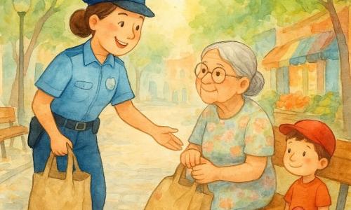 Una poliziotta sorridente e benevola, Marta, volto rotondo, capelli castani raccolti in chignon, uniforme azzurro chiaro con piccolo distintivo argentato, tiene due borse della spesa e tende il braccio per aiutare; una donna anziana, Maria, circa 75 anni, capelli grigi in chignon basso, abito a fiori pastello, occhiali rotondi, seduta su una panchina di legno con una borsa pesante e sguardo riconoscente, leggermente inclinata in avanti; un bambino di circa 6 anni con cappellino rosso e pantaloncini osserva da pochi passi tenendo una pallina e sorride timidamente; strada acciottolata fiancheggiata da alberi verdi, negozi colorati con bancarelle di frutta e lampioni rotondi, panchina sotto un lampione a sinistra; luce dolce del tardo pomeriggio, toni caldi e pastello, ombre morbide; situazione principale: Marta aiuta Maria a portare le borse, gesto di gentilezza, passanti sorridenti, atmosfera sicura e calma.