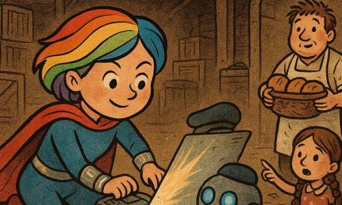 Een jonge superheldin met rond, glimlachend gezicht en kort haar in regenboogkleuren draagt een licht glinsterende halflange cape en een knipperende zilveren armband; ze is geconcentreerd en moedig, geknield bij een vreemd metalen apparaat dat een plakkerige straal uitzendt. Naast haar rolt Pip-7, een klein rond stuurloos robotje van staal met een te grote baret, zenuwachtig en duwt een grote reflecterende plaat om de straal om te leiden; zijn lampogen knipperen blauw. Een bakker van circa 40 jaar met een rond gezicht, bebloemd schort en warrig haar staat bij de ingang van het pakhuis met een mandje warme broodjes en kijkt opgelucht. Een 7-jarig meisje met twee staarten en een stippenjurk wijst naar de vloer die bezaaid is met kleine, sterachtige glinsterdeeltjes. Het ruime, donkere pakhuis heeft versleten houten planken, opgestapelde kisten, gele hanglampen, kabels en een grote kar met een apparaat gemarkeerd “PLAKSTRAAL” en een dikke rode hendel. Het moment toont de straal die door de reflecterende plaat wordt teruggekaatst en in het apparaat vastloopt; de trillende kisten stoppen, kruimelvonken vallen, de sfeer is gespannen maar vrolijk. Grafische stijl: warme kleuren, scherpe contouren, inkttexturen en krantengraan, uitvergrote vriendelijke gelaatsuitdrukkingen, compositie gecentreerd op de superheldin en het robotje.
