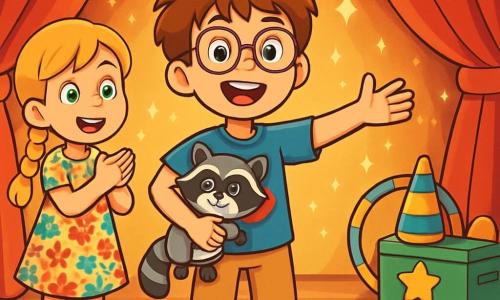 Um menino de 10 anos, Tomás, com cabelo castanho bagunçado e óculos redondos, está no centro do palco, sorrindo radiante e com os olhos brilhando de excitação. Ele veste uma camiseta azul com um desenho de super-herói e calças bege, segurando um pequeno guaxinim de pelúcia nos braços, símbolo de sua imaginação. Ao lado dele, sua melhor amiga Clara, uma menina de 10 anos com cabelo loiro trançado e olhos verdes brilhantes, o incentiva com um grande sorriso. Ela usa um vestido florido e sandálias, pronta para aplaudi-lo. O cenário é de um palco de teatro, com cortinas vermelhas e luzes brilhantes ao fundo. A situação principal mostra Tomás prestes a começar sua apresentação, com os braços abertos, enquanto o público ao fundo está cativado e sorridente, criando uma atmosfera de alegria e incentivo.