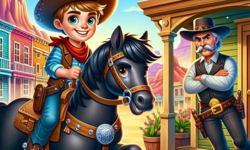 Um jovem, Billy, com cerca de 12 anos, é retratado com um grande sorriso determinado no rosto. Ele usa um chapéu de cowboy desgastado, um colete de couro marrom e botas empoeiradas. Está montado em um cavalo preto chamado Relâmpago, que tem uma crina brilhante e olhos vivos. Billy segura as rédeas com confiança, pronto para a aventura. Ao seu lado está o velho xerife Sam, um homem de cerca de 50 anos, com um bigode grisalho e um chapéu de cowboy largo. Ele parece sério e vigilante, observando os arredores com olhos penetrantes. Sam está perto da porta do velho banco, de braços cruzados, pronto para dar instruções a Billy. O cenário é uma pequena cidade do Oeste, com prédios de madeira de fachadas coloridas, poeira dourada levantada pelo vento e um céu azul brilhante. Ao longe, montanhas majestosas se erguem sob um sol poente. A situação principal mostra Billy, determinado e corajoso, pronto para vigiar o banco e evitar o roubo do tesouro escondido, enquanto o xerife Sam lhe dá conselhos, criando uma atmosfera de tensão e emoção.
