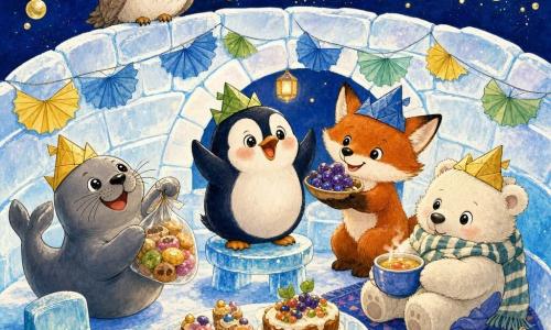 Pip, a round, chubby penguin with a delighted smile and rosy cheeks, stands on a small ice stool counting aloud with flippers raised; Momo, a smooth playful gray seal, rolls joyfully to the left holding a bag of colorful buns; Tilly, a shy happy fluffy polar bear, sits on a blanket to the right clutching a striped scarf and a steaming bowl of soup; Nib, a mischievous fluffy red Arctic fox, stands behind Pip offering a bowl of glistening frozen grapes; Oona, a calm cream-feathered owl, perches atop the igloo watching the starry sky; inside the warm rounded translucent-ice igloo are colorful paper garlands, textured snow floor and small ice chairs; above, deep indigo sky sprinkled with falling golden lights and a round moon; the cozy countdown party shows the animals gathered around a small ice podium with smiles, folded-paper party hats, shared treats, vivid colors and thick ink outlines.