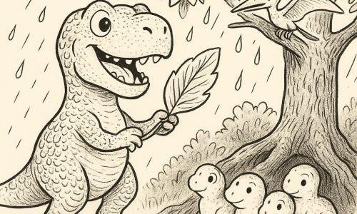 Radosny i dumny Tyranozaur rex o szorstkich łuskach i wyrazistych okrągłych oczach, z lekko rozchylonym uśmiechem, stojący na tylnych łapach i pokazujący błyszczący liść trzymany przednimi łapkami; mały pterodaktyl Flap z cienkimi skrzydłami i delikatnymi piórkami siedzi na gałęzi na wysokości Rexa, podekscytowany i lekko trzepoczący skrzydłami; rodzina Rexa — kilka mniejszych, zaokrąglonych dinozaurów — zebrana pod świecącymi liśćmi, przytulona i patrząca z wdzięcznością; stara leśna polana z falującą trawą, pokręconymi korzeniami i wielkim starym drzewem o grubym pniu pokrytym gwiaździstymi liśćmi, kilka stylizowanych kropli deszczu wokół pokazujących, że drzewo chroni przed pogodą; kompozycja centralna, wyraźne kontury, fakturowane detale kory i piór, ciepła, bezpieczna atmosfera.