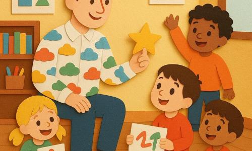 Uśmiechnięty, życzliwy nauczyciel w koszuli z kolorowymi chmurkami i niebieskich spodniach siedzi na brzegu dużego dywanu w kształcie słońca i podaje kolorową kartę; po prawej siedzi ok. 5-letni chłopiec o krótkich brązowych włosach z zachwytem patrzący na kartę i trzymający pudełko czerwonych kredek; po lewej siedzi ok. 4-letnia dziewczynka w blond kitkach, szeroko uśmiechnięta i pokazująca czerwono-zielony rysunek; za dywanem stoi ok. 6-letni chłopiec z kręconymi czarnymi włosami, podekscytowany z uniesioną ręką. Klasa jest mała i przytulna: ściany w pastelowej żółci, niskie półki z ilustrowanymi książkami, rozrzucone pudełka kredek, plakaty kształtów i kolorów oraz duże okno wpuszczające miękkie poranne światło. Główna scena to moment dzielenia się: nauczyciel daje naklejaną gwiazdkę, dzieci pokazują rysunki, radosna, uważna atmosfera, proste kompozycje, nasycone kolory i wyraźne, ostre kontury jak w wycinance z papieru.
