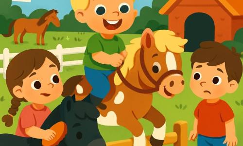 Een 4-jarig jongetje met rommelig blond haar en sprankelende ogen zit op zijn pony, een mooie merrie met een bruin vacht en witte vlekken. Hij glimlacht breed, toont zijn kleine tanden en houdt de teugels stevig vast met opgewonden handen. Naast hem is een 5-jarig meisje met gevlochten kastanjebruin haar en een roze t-shirt, dat haar pony borstelt, een dier met zachte ogen en een zwarte vacht. Ze kijkt Finn aan met een bemoedigende glimlach. Een andere jongen van 4 jaar met bruin haar en een blauwe short staat naast Finn, een beetje nerveus maar vastberaden, klaar om op zijn pony te stappen. De scène speelt zich af in een mooie zonnige stal, omringd door groen, met witte hekken en kleurrijke bloemen die leven aan de omgeving toevoegen. Op de achtergrond zijn er andere paarden die vredig in een groen weiland grazen. De hoofdactie toont Finn, Luna en Sam die zich voorbereiden om over een klein houten obstakel te springen, allemaal geconcentreerd en enthousiast, klaar om samen de uitdaging aan te gaan, met uitdrukkingen van kameraadschap en vastberadenheid op hun gezichten.
