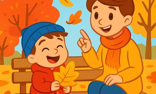 A 2-year-old boy with messy brown hair and a big joyful smile is sitting on a wooden bench in a park. He is wearing a bright red coat and a blue hat, holding a large golden leaf in his small hands. Next to him, his mother, a woman in her thirties with brown hair tied in a bun, smiles tenderly while showing him the leaves falling from the trees. The park is filled with trees with vibrant leaves in shades of red, orange, and yellow, and the ground is covered with a carpet of crunchy leaves. The sky is light blue with a few fluffy white clouds. The main scene shows the little boy amazed by the swirling leaves around him, laughing and having fun, while his mother watches him affectionately, sharing this magical autumn moment together.