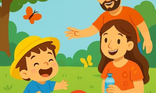 Um menino de 2 anos, chamado Tomás, com cabelos castanhos bagunçados e um grande sorriso alegre, usa um chapéu amarelo vibrante. Ele está sentado na grama verde, descalço, rindo enquanto brinca com uma bola vermelha que rola perto dele. Sua mãe, uma mulher de cerca de 30 anos, com longos cabelos castanhos e uma camiseta florida, está ao seu lado, segurando uma garrafa de água e sorrindo com ternura. Seu pai, um homem de cerca de 32 anos, com uma barba leve e um short azul, está de pé atrás deles, pronto para lançar a bola. O parque é iluminado e ensolarado, cheio de flores amarelas vibrantes e grandes árvores que oferecem sombra. Borboletas coloridas voam ao redor, e pode-se ver um céu azul claro com algumas nuvens brancas fofas. Nesta cena, Tomás se diverte brincando com a bola, cercado por seus pais, aproveitando um lindo dia de verão no parque.