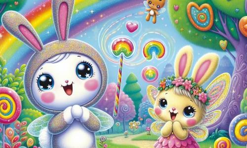 A little magic wand named Wobble, with a sparkling body and round, twinkling eyes, is at the center of the image, displaying a joyful and slightly clumsy expression as he tries to conjure a rainbow. Next to him, a small fairy named Twinkle, with shimmering wings and a colorful dress, is laughing heartily, her eyes sparkling with mischief as she floats slightly above the ground. An adorable rabbit named Benny, with soft fur and big ears, stands nearby with his paws on his hips, wearing a big smile and eyes sparkling with excitement. The scene takes place in the enchanted forest of Wiggly Woods, where tall, colorful trees with heart-shaped leaves and vibrant flowers dance in the breeze. Colorful bubbles float around them, creating a joyful and magical atmosphere. The main situation shows Wobble concentrating on making a rainbow, but instead, he releases a cloud of sparkling bubbles that rise into the sky, causing laughter and joy among his friends.