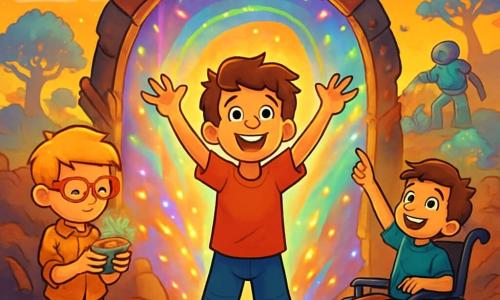 There are 3 characters: - Leo: a 10-year-old boy with messy brown hair and a big smile. He wears a red t-shirt and blue shorts. He stands in the center, arms raised, full of enthusiasm. - Max: a 10-year-old boy with red glasses and blonde hair. He wears a plaid shirt and cargo pants. He stands slightly back on the left, holding a shiny gadget in his hands, looking focused. - Sam: a 10-year-old boy with brown hair and a mischievous smile. He is in a wheelchair decorated with colorful patterns. He is on the right, pointing at the sky with a look of wonder. The main setting is the Land of Technomancy, a fantastical landscape with a bright orange sky, floating islands in the background, and trees with shimmering metallic leaves. Strange creatures fly on hoverboards, and a large robot waters a garden of glowing flowers. The main situation shows the three boys discovering a shimmering portal behind rusty debris, with vibrant colors dancing around them as they prepare to enter a magical world filled with technology and mysteries.