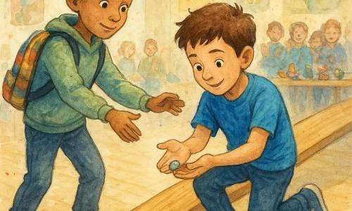 Dois meninos de 11 anos: Miguel, pele clara levemente bronzeada, cabelo castanho curto, camiseta azul viva e tênis gastos, ajoelhado à direita da rampa com as mãos em concha a apanhar uma pequena pedra brilhante, olhar concentrado e leve sorriso; Ravi, pele morena-clara de origem sul-asiática, cabelo preto encaracolado, moletom verde claro e mochila listrada, em pé à esquerda da rampa segurando a mochila para impedir que Miguel caia, expressão atenciosa e orgulhosa. Cena num ginásio escolar iluminado com chão de madeira, cartazes coloridos e mesas com trabalhos manuais; uma rampa de madeira lisa atravessa a cena, ao lado um pequeno tapete vermelho e um saquinho de tecido floral com cinco pedras lisas; outros crianças desfocadas ao fundo observam e aplaudem, clima de festival escolar caloroso.