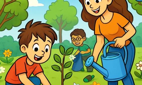 Un băiat de 10 ani, pe nume Matei, cu părul castaniu și ochii plini de curiozitate, plantează un copac tânăr într-un parc însorit. Fața lui radiază de bucurie și mândrie, în timp ce folosește o mică lopată pentru a săpa pământul. Lângă el, mama sa, o femeie de aproximativ 30 de ani cu părul lung și ondulat, zâmbește călduros ținând o udătoare plină cu apă, pregătită să ude noul copac. În fundal, un grup de copii, printre care se află Alex, un băiat de 10 ani cu ochelari și un tricou verde, strâng gunoaie pentru a curăța parc, având expresii hotărâte și entuziaste. Parcul este verde, cu flori colorate, păsări cântând în copaci și un cer albastru strălucitor, creând o atmosferă veselă și captivantă. Scena arată cum Matei și familia sa sunt uniți în misiunea de a proteja natura, ilustrând importanța ecologiei și a muncii în echipă.