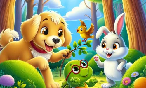 A cheerful dog named Benny, with shiny golden fur and sparkling joyful eyes, stands in the center of the image, tail wagging, ready to help a little bird trapped in a bush. To his right, an adorable bunny named Bella, with large ears and fluffy white fur, looks on with concern, ready to jump in to help. On the left, an old turtle named Timmy, with a green shell and round glasses, calmly observes the scene, a slight smile on his face. The setting is an enchanted forest, where majestic trees with thick trunks rise, their bright green leaves filtering sunlight and creating dancing shadows on the ground. Colorful flowers dot the ground, adding a touch of magic to the environment. The main situation shows Benny, determined and brave, gently pushing aside the branches of the bush to free the singing little bird, while his friends cheer him on enthusiastically.