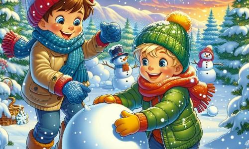 Zwei Jungen, Max und Leo, stehen im Mittelpunkt der Szene. Max, 8 Jahre alt, hat braune Haare und trägt eine rote Mütze sowie einen blauen Schal. Er rollt einen großen Schneeball für den Körper des Schneemann. Leo, ebenfalls 8 Jahre alt, hat blonde Haare und trägt eine grüne Jacke mit gelben Handschuhen. Er lacht, während er einen kleinen Schneemann in Richtung Max wirft. Die Szenerie zeigt eine zauberhafte Winterlandschaft mit sanft fallenden Schneeflocken vom blauen Himmel. Im Hintergrund stehen grüne Tannen, die mit Schnee bedeckt sind, und der Boden ist mit einer dicken Schicht funkelnden Schnees bedeckt. Die Hauptsituation zeigt Max und Leo in Aktion, wie sie einen Schneemann bauen und sich bei einer Schneeballschlacht vergnügen. Ihre Gesichter strahlen Freude und Aufregung aus und fangen den verspielten Geist des Winters ein.