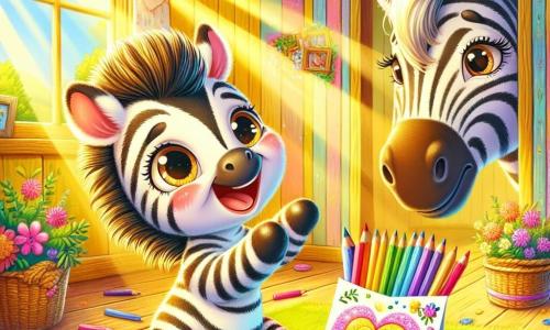 Wesoły mały zebra o imieniu Zuzu, z czarno-białym paskowanym futrem, błyszczącymi oczami szczęścia i szerokim uśmiechem, tworzy kolorową kartkę dla swojej mamy. Siedzi na jaskrawozielonym dywanie, otoczony jasnymi kredkami i błyszczącymi cekinami. Jego mama, łagodna zebra o ciepłych oczach i jedwabistym futrze, stoi w wejściu do pokoju z otwartymi ramionami i promiennym wyrazem miłości i zaskoczenia, patrząc z czułością na swojego małego zebryka. Scena rozgrywa się w urokliwym drewnianym domku, z pastelowo żółtymi ścianami i oknami ozdobionymi kwiecistymi firankami. Promienie słońca wpadają przez okna, oświetlając pokój złotym światłem i tworząc ciepłą, radosną atmosferę. Zuzu, pełen entuzjazmu, odsłania swoją niespodziankę mamie, dumnie trzymając kartkę ozdobioną błyszczącym dzwoneczkiem, podczas gdy wzruszona mama zebra zbliża się, aby podziwiać prezent stworzony z miłością.