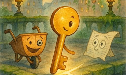 Die Hauptfigur ist ein kleines anthropomorphes Messingschlüsselchen, glänzend mit abgenutzten Kanten und einer kleinen Kerbe wie ein Lächeln, entschlossen und gelassen, auf seiner Kante stehend und einen seitlichen Schritt macht; Nebenfiguren: eine alte Holz‑Metall‑Schubkarre mit aufgemaltem breitem Lächeln und Knopfauge, leicht hinter dem Schlüssel schiebend und vorwärts geneigt, und ein zerknittertes, anthropomorphisiertes Zeitungspapier mit stiftgezeichneten neugierigen Augen, leicht vom Wind zerzaust und bewundernd schauend; Schauplatz: eine alte steinerne Fußgängerbrücke über einem schwarzen Fluss, Moos am Geländer, goldene Gaslaternen werfen warmes Licht, in der Mitte eine dunkle Platte mit kleinem Schlüsselloch, im Hintergrund Stadtdächer mit hängenden Gärten, Töpfen, Lianen und Glühwürmchenlaternen; Szene: das Schlüsselchen tritt seitlich in das Schloss auf der Platte und öffnet einen schmalen leuchtenden Weg wie eine aufgeschlagene Seite, während Schubkarre und Zeitung hoffnungsvoll zusehen, traumhafte Stimmung, zarte Aquarellfarben, warme Messingtöne und Pflanzen‑Grüns.